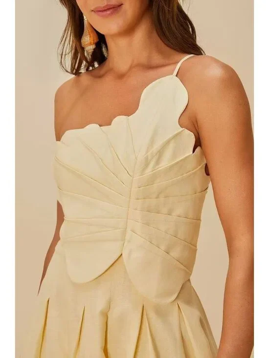 NWOT Farm Rio Lea One Shoulder Off-White Linen Blend Mini Dress Size M 3D Petal - Picture 2 of 16